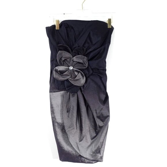Black Evening Dress Small Mini Strapless Ombre Floral Tulip Cocktail Party Satin - Picture 2 of 12